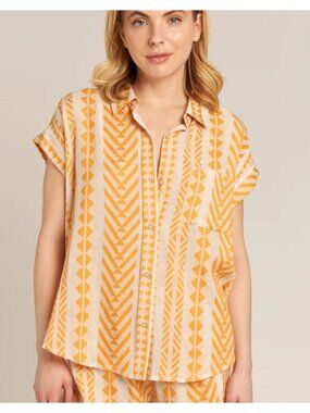 En Crème Annika Embroidered Button Shirt in Cream Orange - Sz L - New